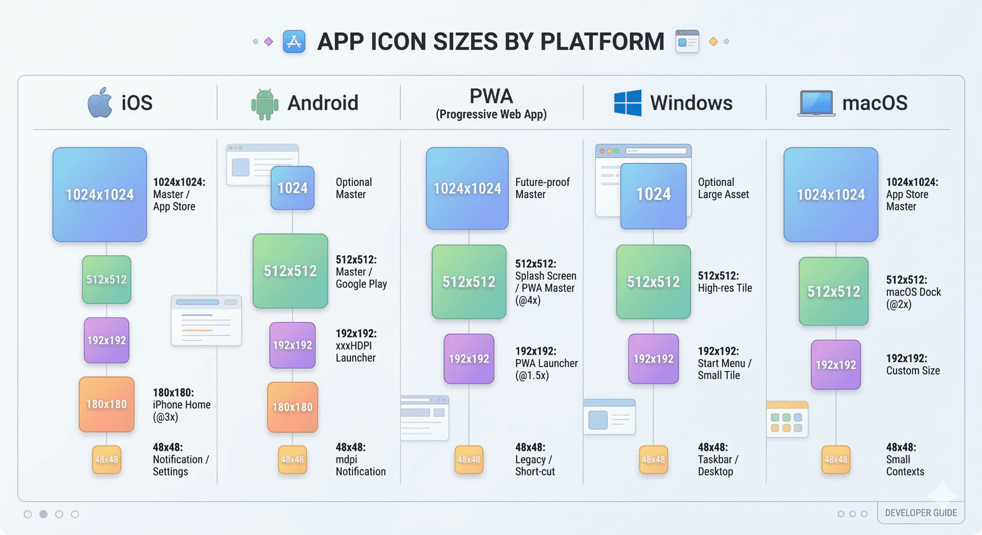 App icon sizes for iOS, Android, PWA, Windows and macOS platforms